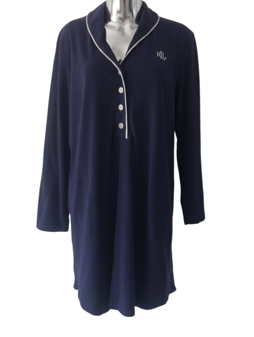 Lauren Ralph Lauren Sleep Shirt Logo and Pockets Lush Navy Blue Plus Size 2X - Picture 2 of 11
